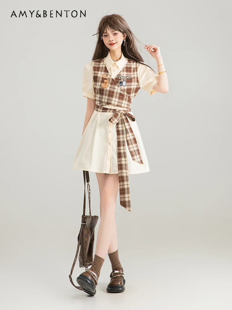 

Summer 2025 New Beautiful Lace-up Tighten The Waist Fake Two-piece Shirt Plaid Splicing A-shaped Shirt Collar Short Dress