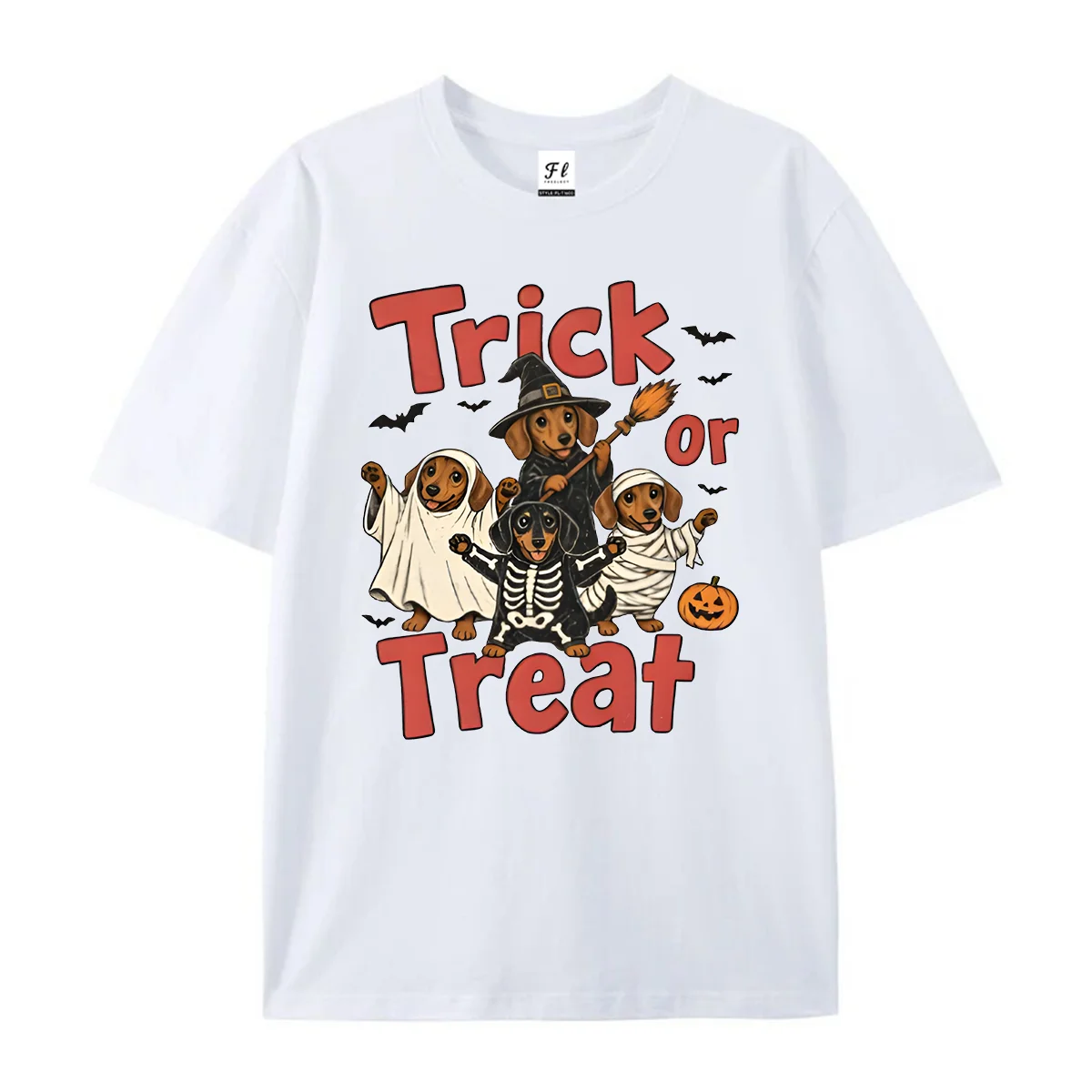 Halloween Trick Or Treat Dachshund Dog Short Sleeve T‑Shirt Retro Spooky Ghost Witch Skeleton Mummy Puppy Graphic Tee Streetwear