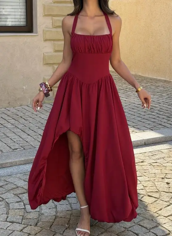 

Summer New Fashionable Elegant Sexy Girl's Style Solid Color Simple Square Collar Waist and Bareback Women's Hanging Neck Dress