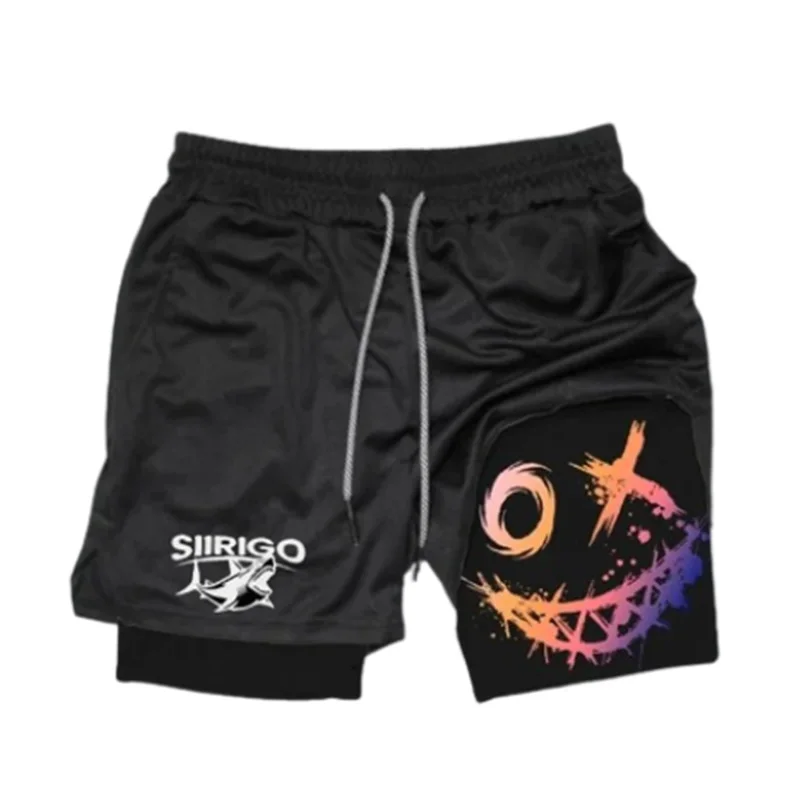 2024 masculino rosto sorridente impresso shorts de fitness dupla camada 2-em-1 secagem rápida