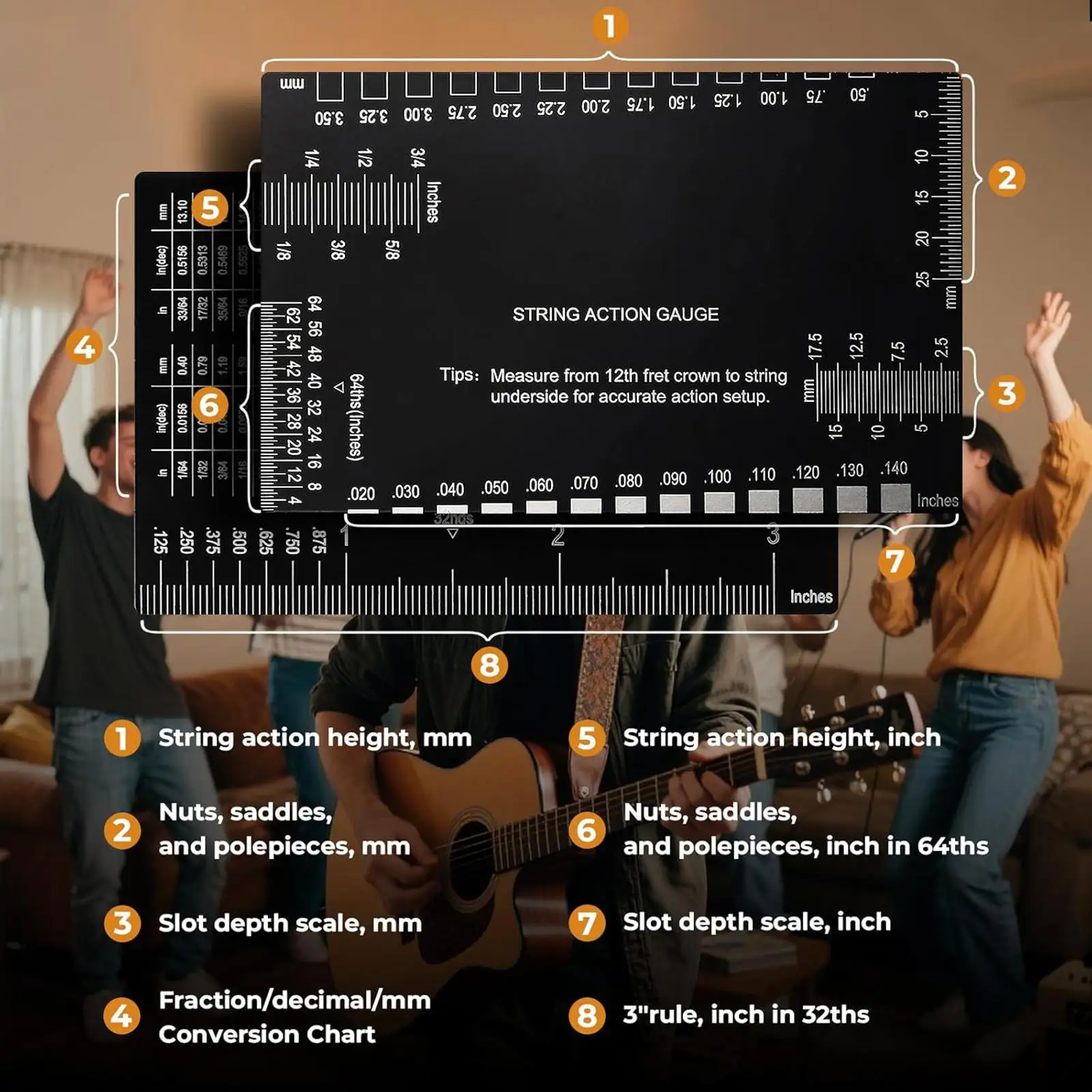 أداة قياس الارتفاع لسلسلة الجيتار أداة قياس دقيقة سريعة مع موازين متري وإمبراطورية أداة قياس الجيتار لجوز الرقبة الموسيقية