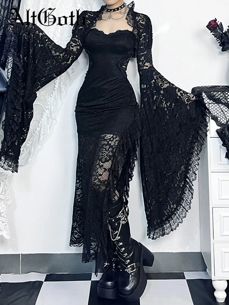 AltGoth Dark Gothic Lace Cover Ups Women Vintage Classic See Through Flare Sleeve Crop Top Blouse Y2k E-girl Emo Alt Rave Outfit