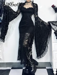 AltGoth Dark Gothic Lace Cover Ups donna Vintage Classic See Through Flare Sleeve Crop Top camicetta Y2k E-girl Emo Alt Rave Outfit