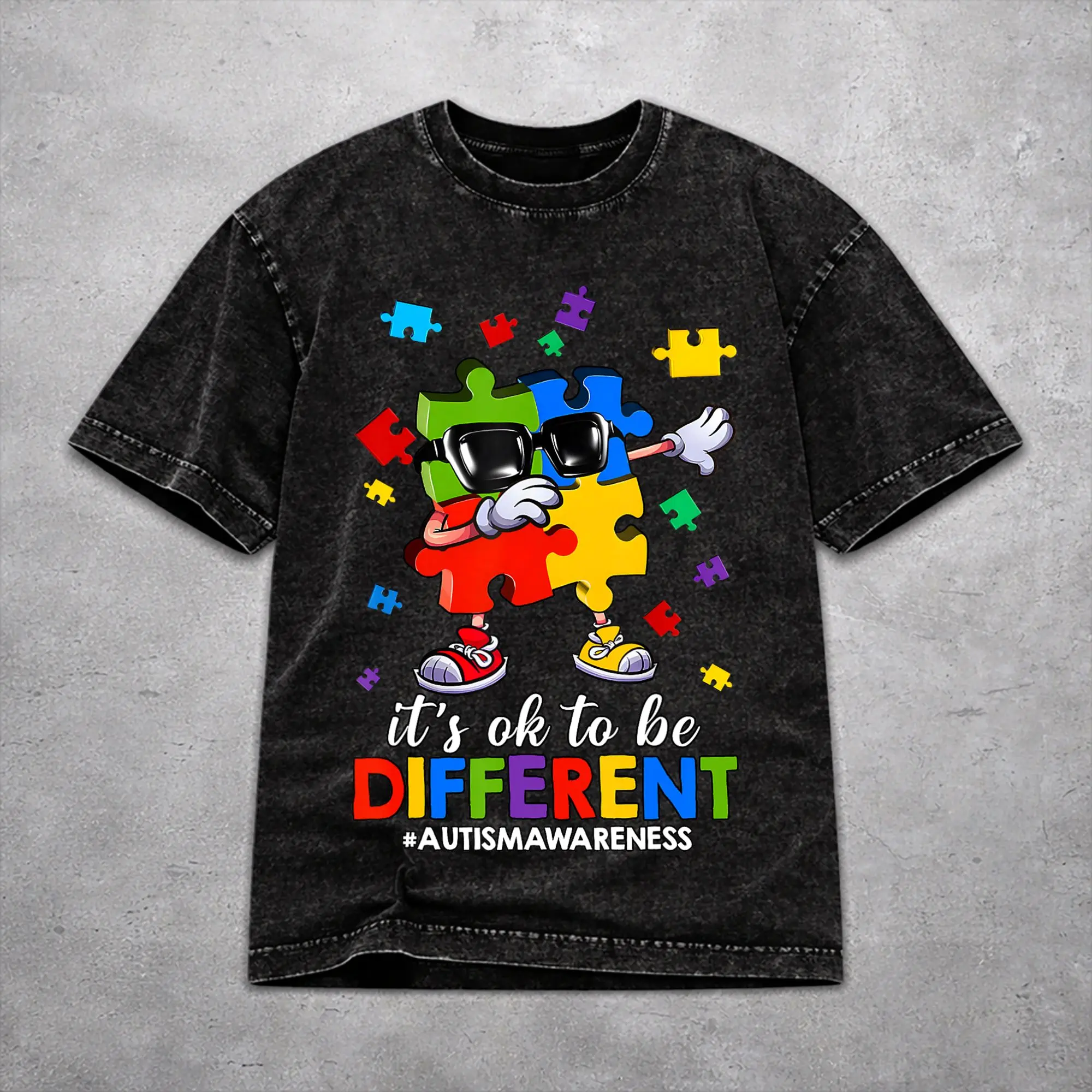Women Men Dabbing Puzzle Autism Awareness T Shirt Printed Vintage Washed  Harajuku T-Shirts