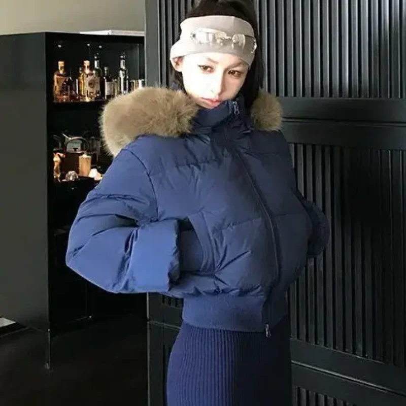 American retro zipper cardigan spicy girl slim fit cotton jacket autumn and winter hooded thick fur collar warm women's top