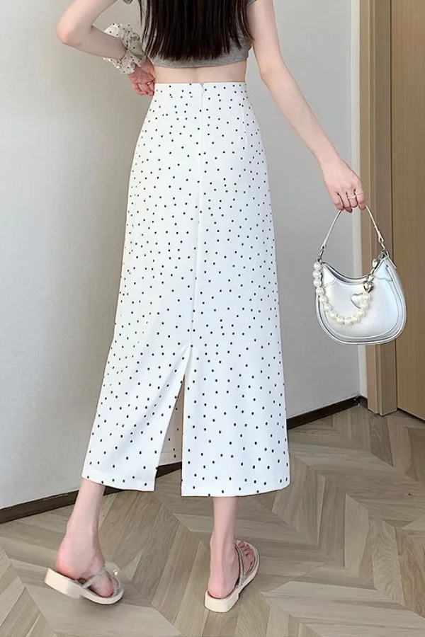 Split-ended High-waisted Polka-dot Skirt, Suit Skirt, Medium and Long Printed Temperament Skirt