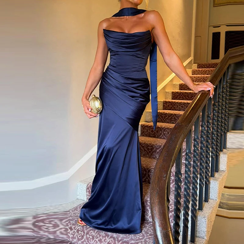

Fashion Hight Waist Temperament Solid Long Dress Elegant Sleeveless Slim Cocktail Dress Lady Sexy Strapless Backless Draped Gown