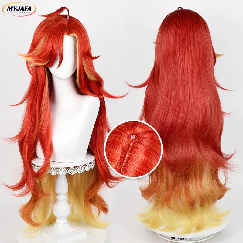 

Mavuika Cosplay Wig Game Long Curly Wave Red Yellow Mixed Wig Heat Resistant Synthetic Hair Halloween Anime Wigs + Wig Cap