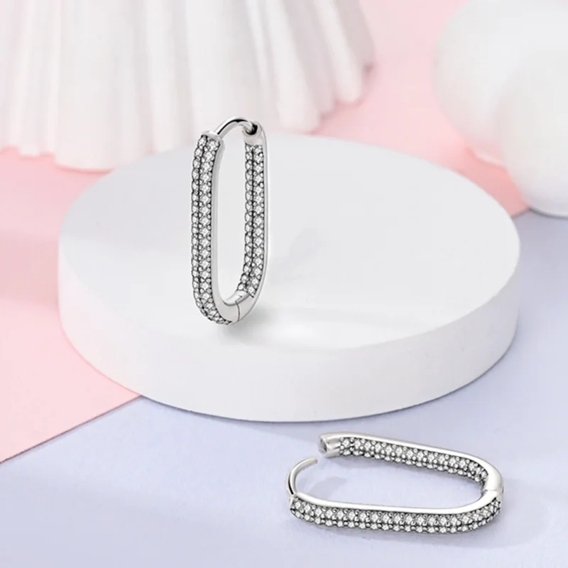 2026 New 925 Sterling Silver Sparkling Double Row Stone Inlaid Rectangular Ear Buckle DIY Women Exquisite Birthday Jewelry Gifts