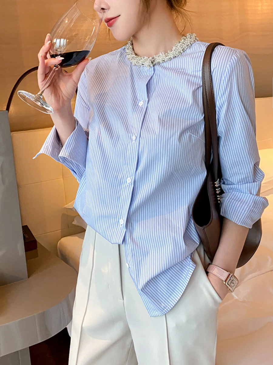 

Blue Striped Long Sve round Ne Pearl Embellied Commute Ele Women's irt Korean Sle Straight Cut Button Detail