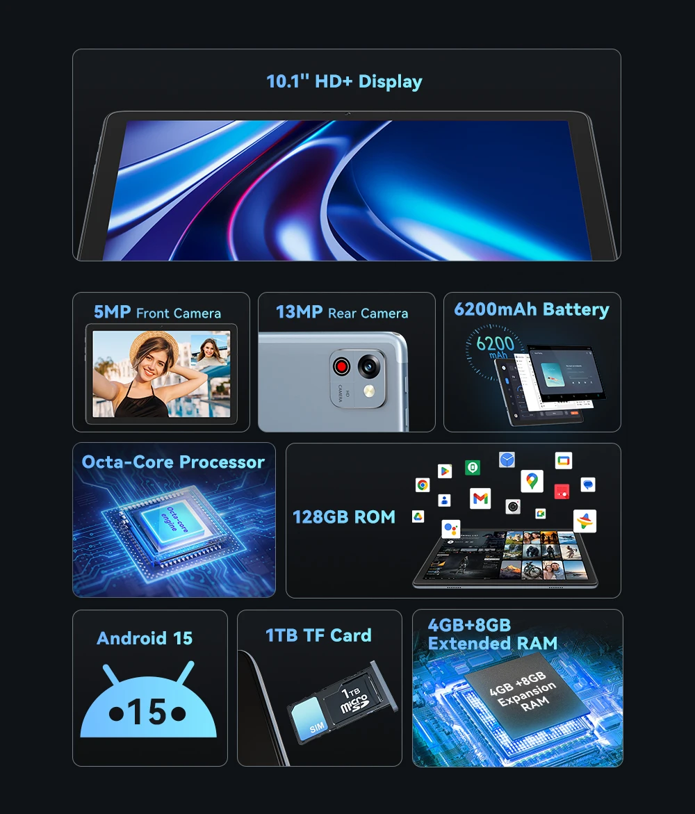 [Ship From UK]Cubot TAB 65 10.1-Inch HD+ 90Hz Screen Tablet Android 15 Octa-Core 12GB(4+8) RAM 128GB ROM 13MP 6200mAh OTG Pad PC