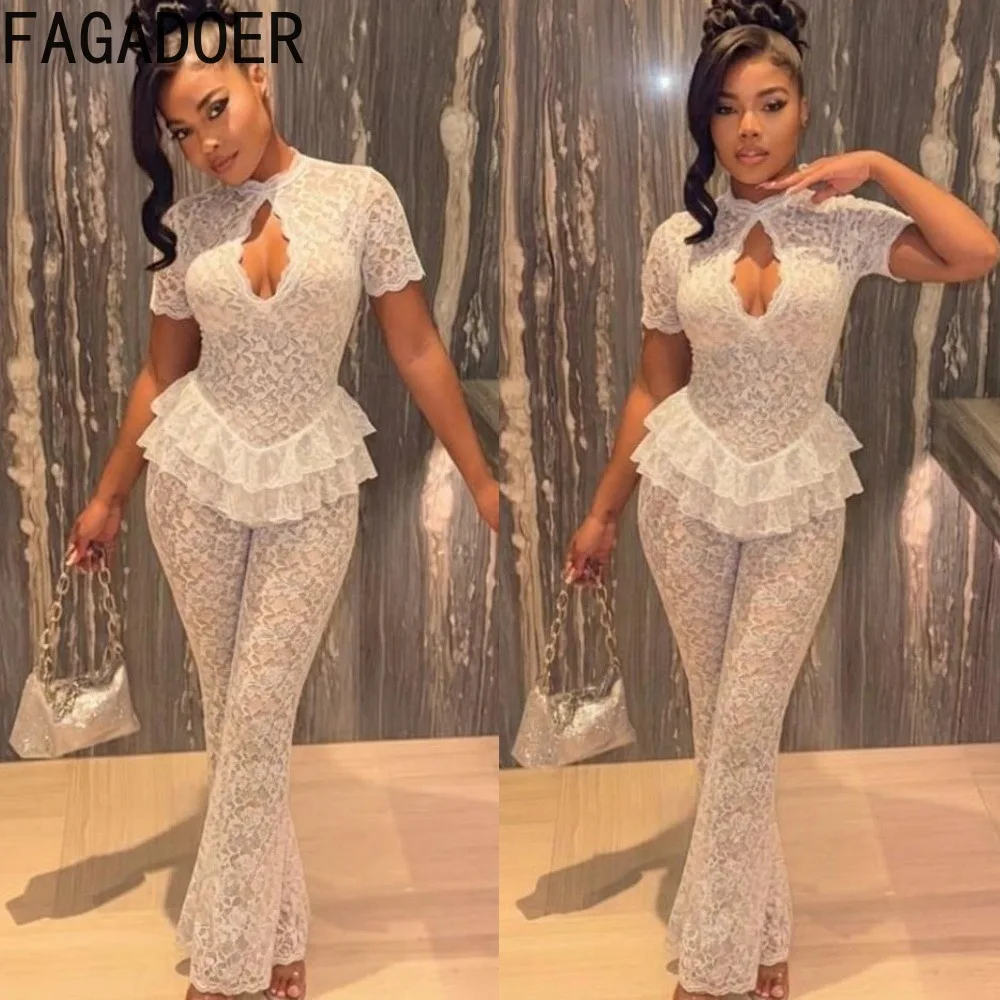 FAGADOER Women Lace Jumpsuit Short Sleeve Mock Neck Cutout Ruffle Waist Flare Pants Sexy Bodycon Elegant Party Club Outfit