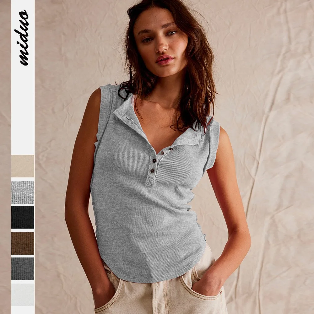 

Fashion Women's Vest Button Pullover Top Sleeveless Threaded Slim Design Casual Versatile T-shirt Female's Tanks