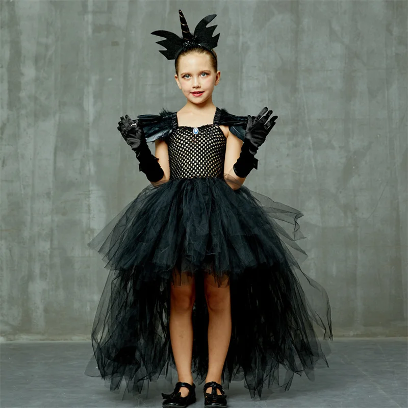 

Gothic Vampiress Costume Cosplay Party Tutu Dress for Halloween Clothing Kids Fancy Dress Up Outfit Little Girls Evil Queen Gown