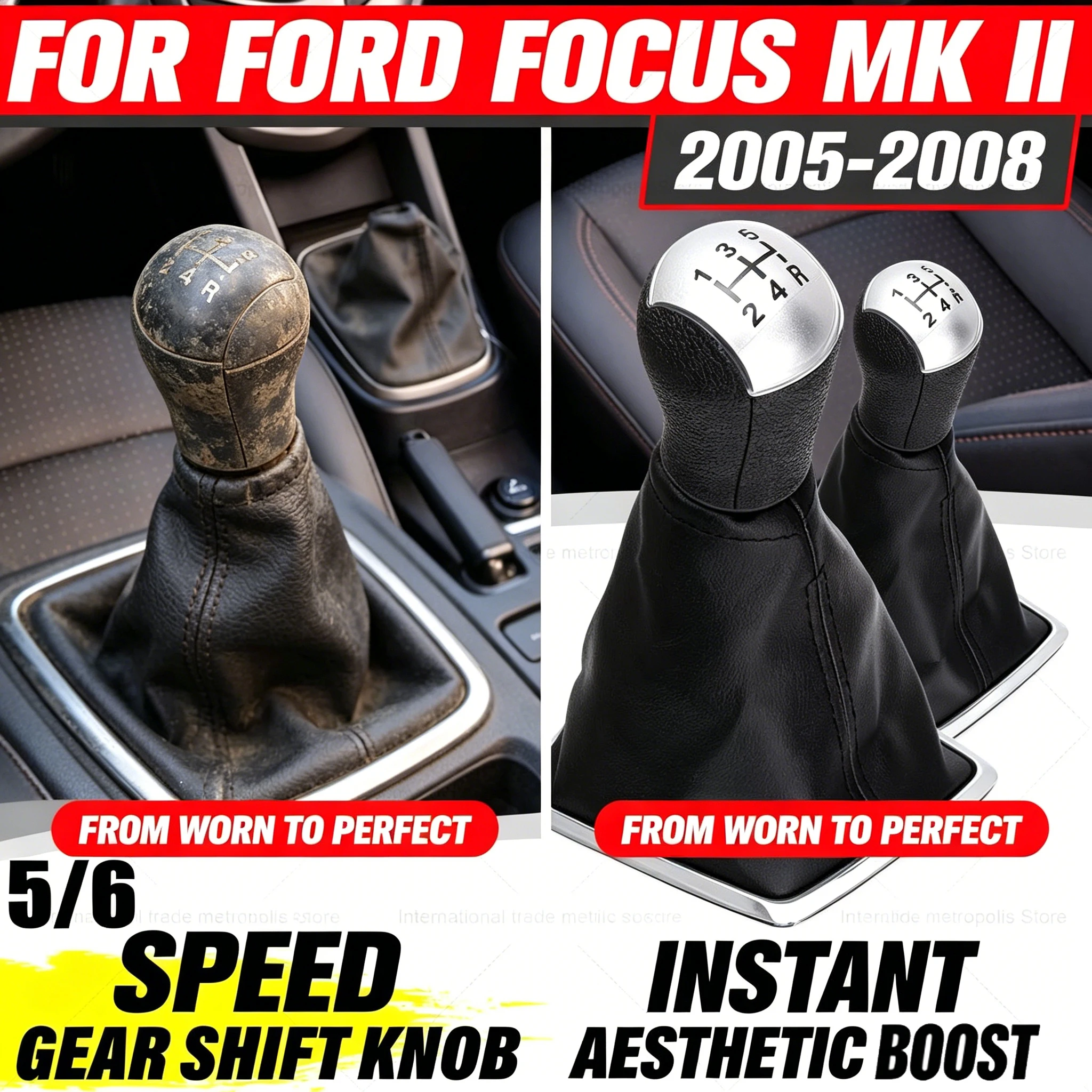 Para Ford Focus 2 2005-2008: Pomo de palanca de cambios + funda de palanca de cambios - Cubierta de palanca de cambios manual, accesorio interior de cuero PU antidesgaste