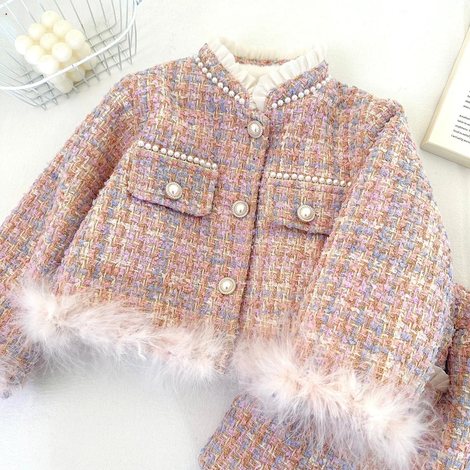 2025 Winter New Korean Style Girl's Temperament Small Fragrant Style Set, Baby Coarse Floral Denim Western Style Skirt Set