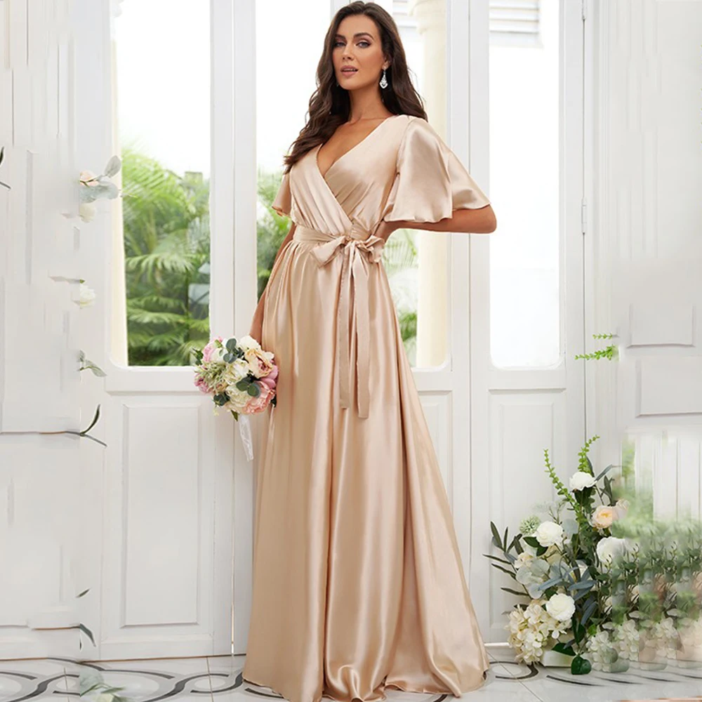 

Simple Half Sleeve Bridesmaids Dresses V-Neck Pleat Lace Up Belt A-Line Floor Length Side Slit Ladies Wedding Party Custom Gowns