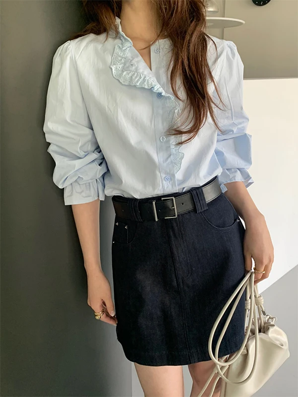 Irt blanco elegante para mujer primavera 2026 dulce Simple empalme diseño de encaje coreano Sle suelto ajuste largo Sve adorno Floral