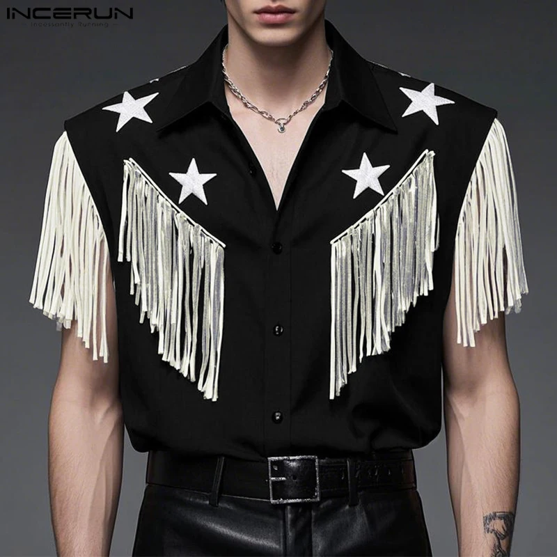 INCERUN Men Shirts Lapel Sleeveless Tassel Patchwork Embroidery Fashion Men Clothing Streetwear Oversize 2025 Summer Male Shirt