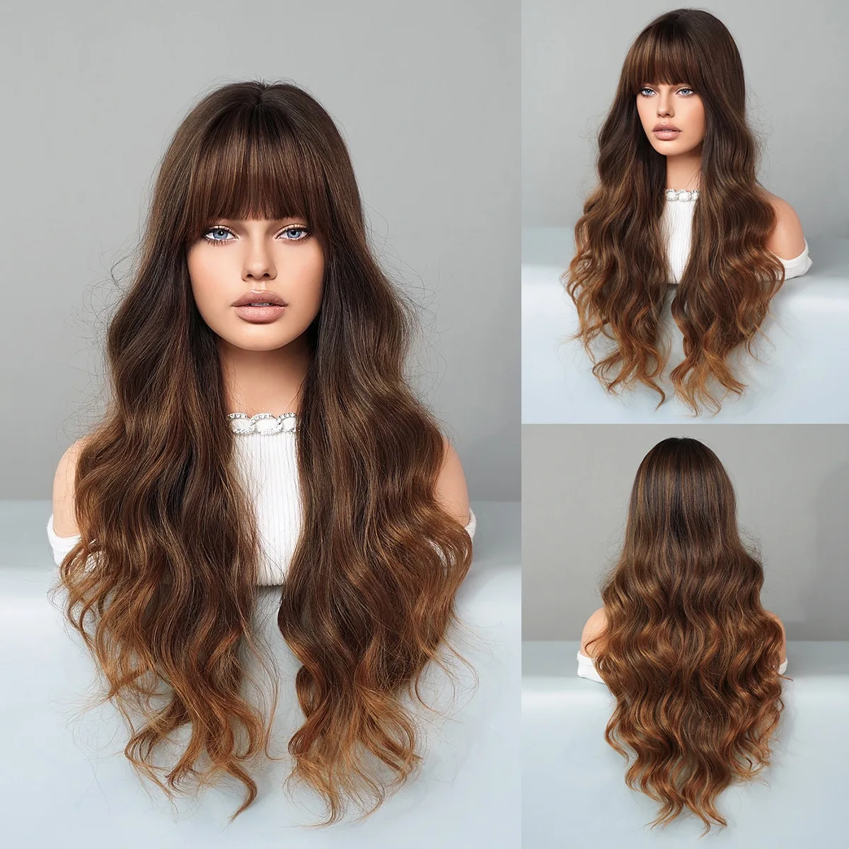 

Full Head Set with Straight bangs, golden brown gradient long curly hair, large waves, Highlight Wigs