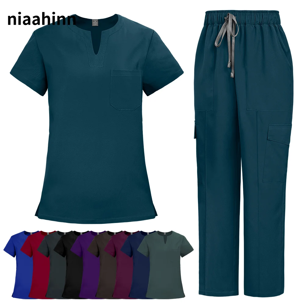 

Niaahinn Scrubs Uniform Soft Medical Nursing Uniforms Scrub Suit Hot Sale Multicolor Unisex Short Sleeved Surgery Tops Pants Set