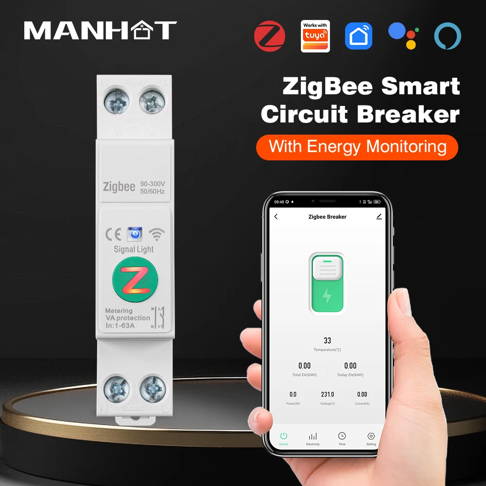 MANHOT Zigbee Smart Circuit Breaker 63A Energy Metering DIN Rail Remote Control With Timer Protection with Alexa Google Home