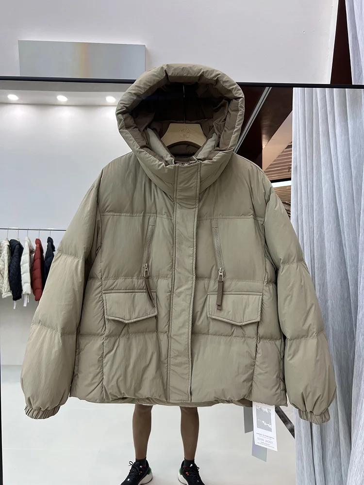 2025年冬新作 ダウンジャケット レディース ショート丈 フード付き ゆったり 暖かい ポケット付き ジッパー 90%ホワイトダックダウン ブレッドジャケット トレンド