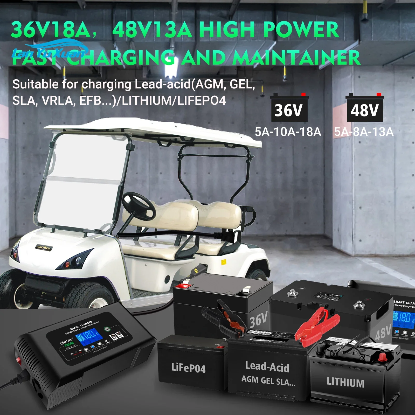 HTRC 36V-48V 18A Golf Cart Battery Charger for EZGO TXT Club Car AGM GEL LiFePO4 Lithium Smart Lead Acid  Repair