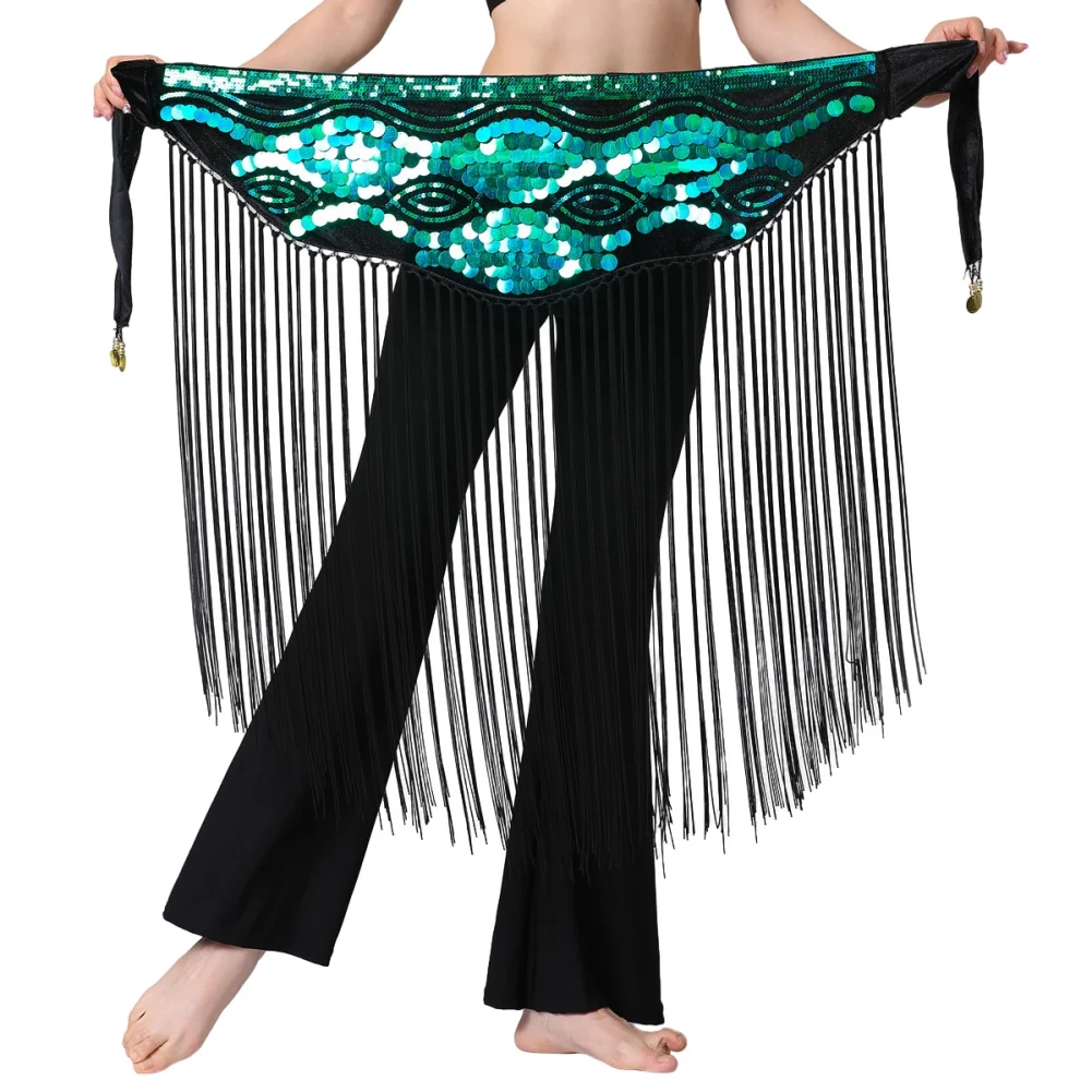 Belly Dance Hip Skirt Women Sequins Tassel Scarf Crystals Costume Fringe Outfits Bellydance Performance Wave Wrap Belt Hip Scarf