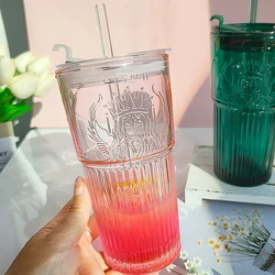 Large Capacity 600ML Coffee Glass Straw Cup Dark Green Goddess Model Summer Water Cup With Lid And Straw