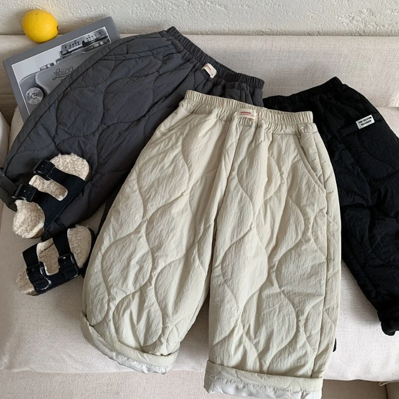 

2025 Winter New Children's Quilted Thread Thickened Elastic Waist Solid Color Outerwear Cotton Pants