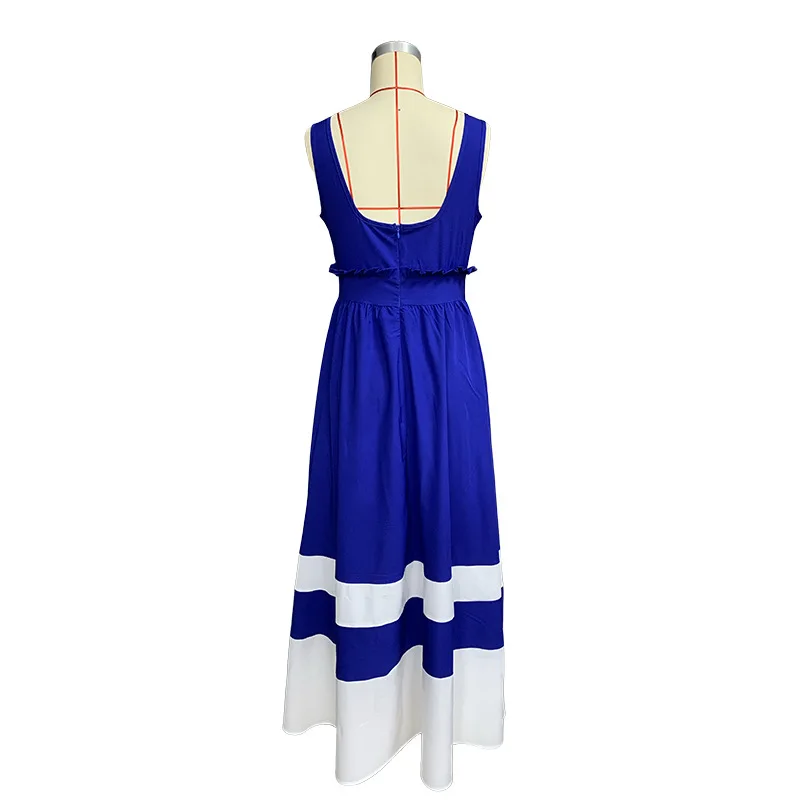 BAMBOOBOY Female Navy Beach Dress Fashion Casual Slash Neck Spaghetti Straps Summer Sleeveless High Waist Street Long Sundress