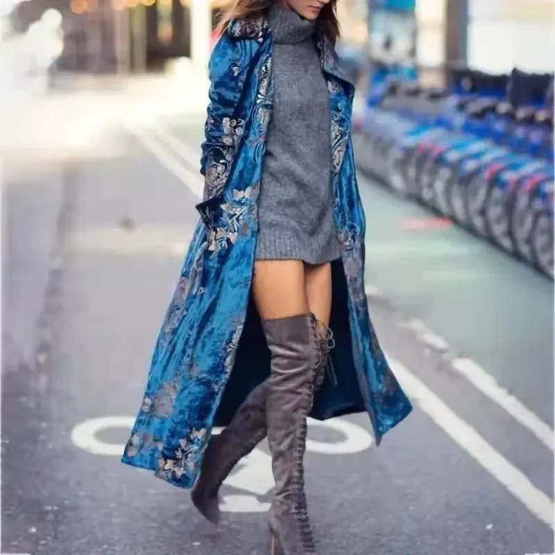 

Vintage Printed Velvet Long Windbreaker Turn-down Collar Winter 2024 Women Coat New Autumn Fashion Lady Street Coats