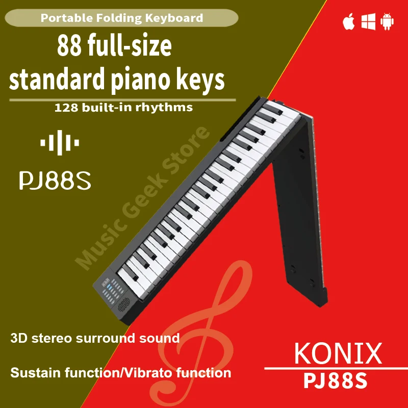 PJ88S 88-Key Portable Folding Piano with Heavy Hammer Touch, 128 Tones, Built-in Battery, Hi-Fi Stereo & Silent Mode