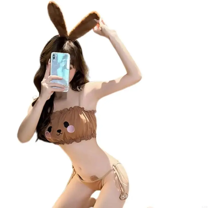 

L38E Japanese Bear Bra and Tie Side Panty Set Cartoon Anime Women Brassiere Lingerie Underwear with Rabbit Ears Outfit