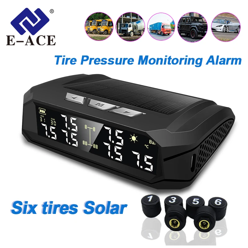 

E-ACE Солнечная TPMS с 6-сенсорами, тип предупреждения о температуре, цифровой дисплей, монитор сигнализации давления в шинах, система автоматической безопасности