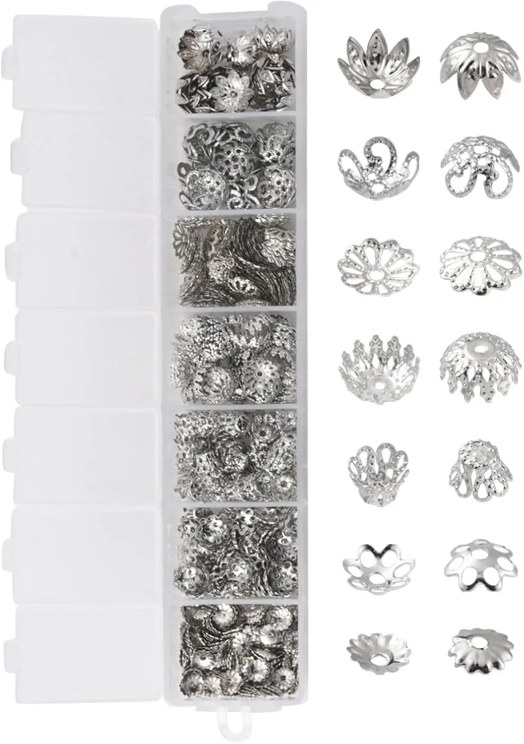 

Elegance 755pcs Iron Bead Caps Flower Charms (7 Styles) - 1mm-1.5mm Hole Platinum Plated for DIY Jewelry Making, Earrings &