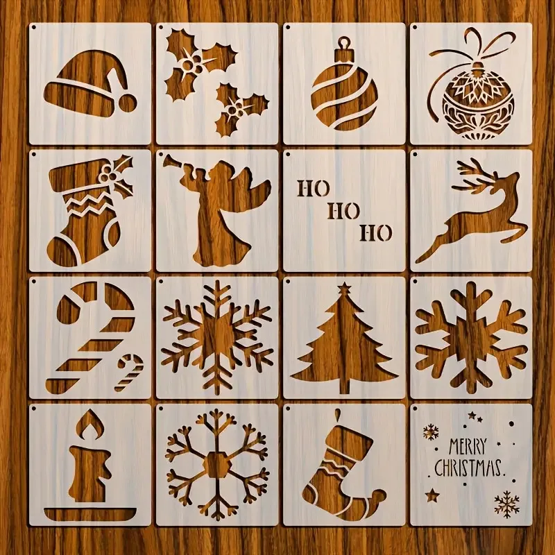 16PCS Christmas Stencils for Painting Washable PET Snowflake Snowman Xmas Tree Graffiti Spray Stencil DIY Craft Drawing Template
