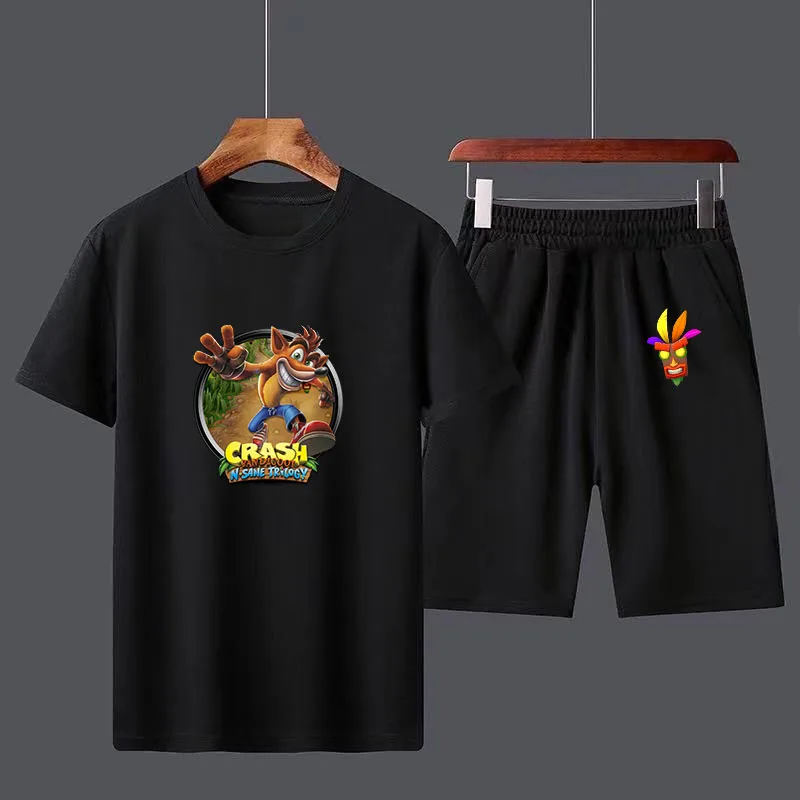 

Game Crash Bandicoot Men's T Shirt Set Boys Male Casual Short Sleeve Top Pants Suits Streetwear Tops Tshirts