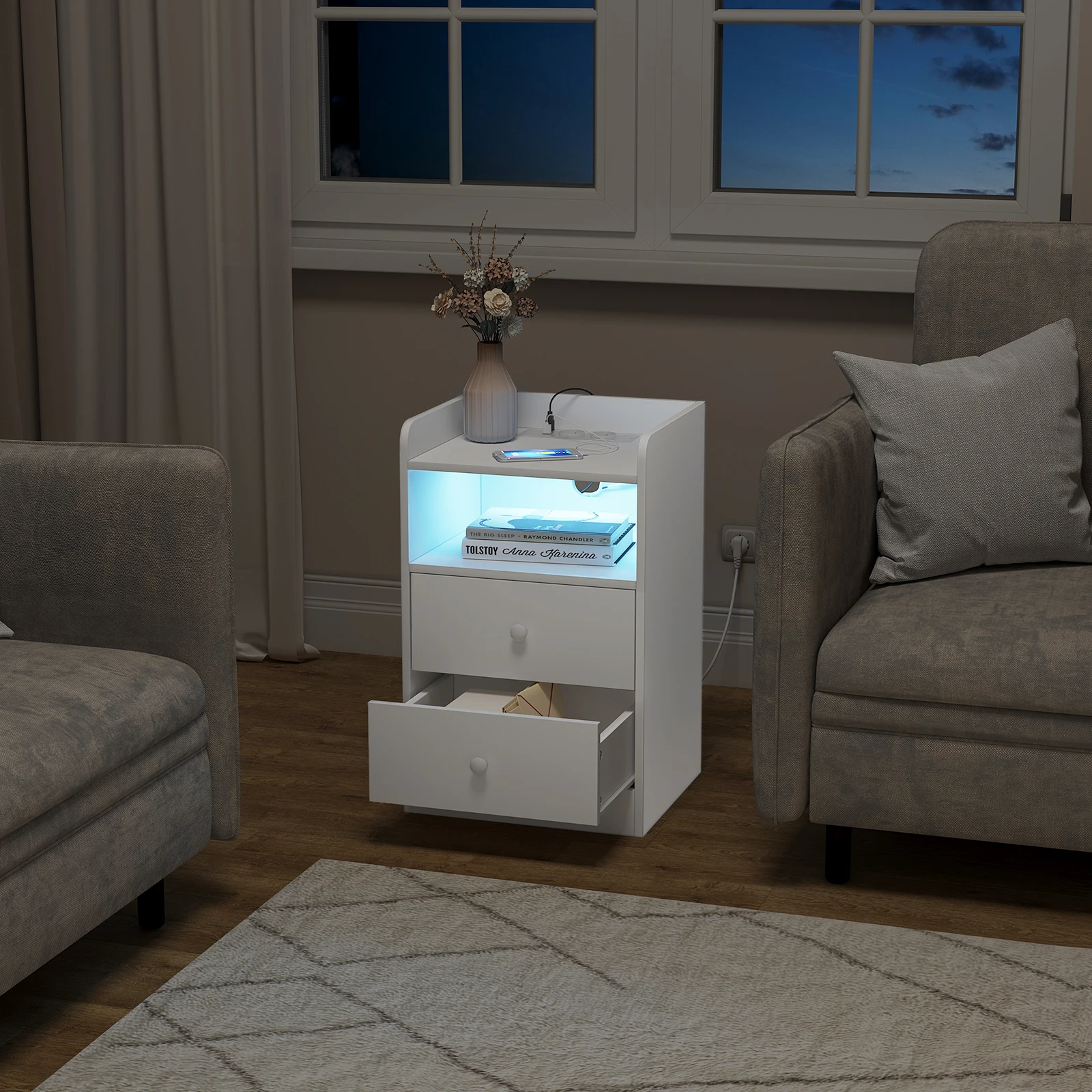 WOLTU Nachttisch, Nachttisch mit Ladestation, USB-Steckdosen, Anschlüsse, Beistelltisch mit LED-Licht, Bettüberzugs-Tisch, Schlafzimmer-Tisch aus Holz – Detail 13