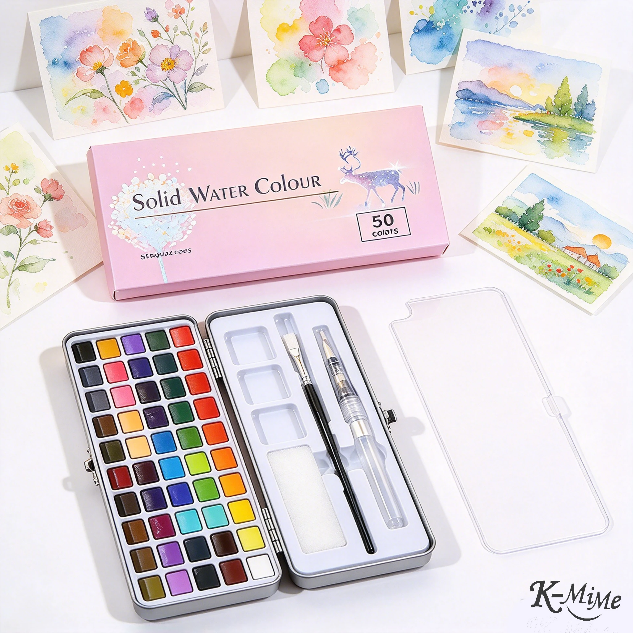 50 Colors Solid Watercolor Paint Set in Tin Box for Drawing Material