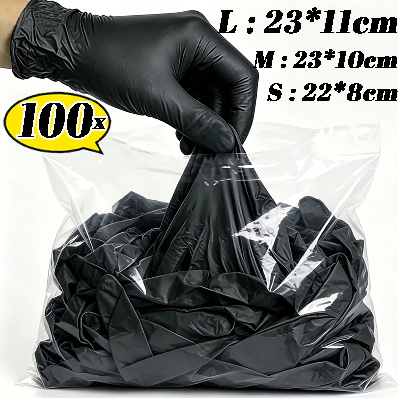 Gants noirs jetables en PVC, haute élasticité, anti-acide, alcali, imperméables, pour le travail, la coiffure, les outils de cuisine, 2/100 pièces
