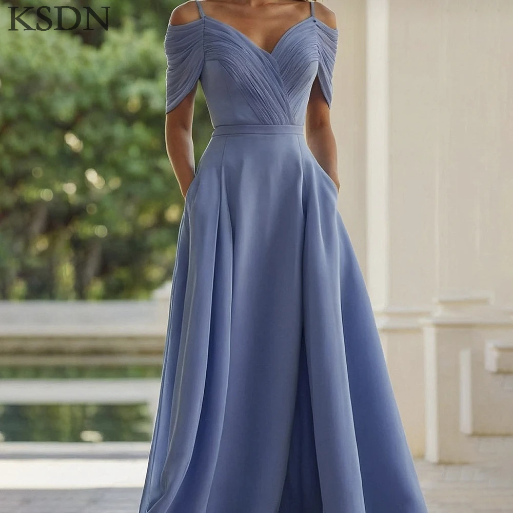KSDN luxe femmes robes de soirée personnalisé hors de l'épaule balayage Train drapé sans manches robe Occasion spéciale robes Vestido