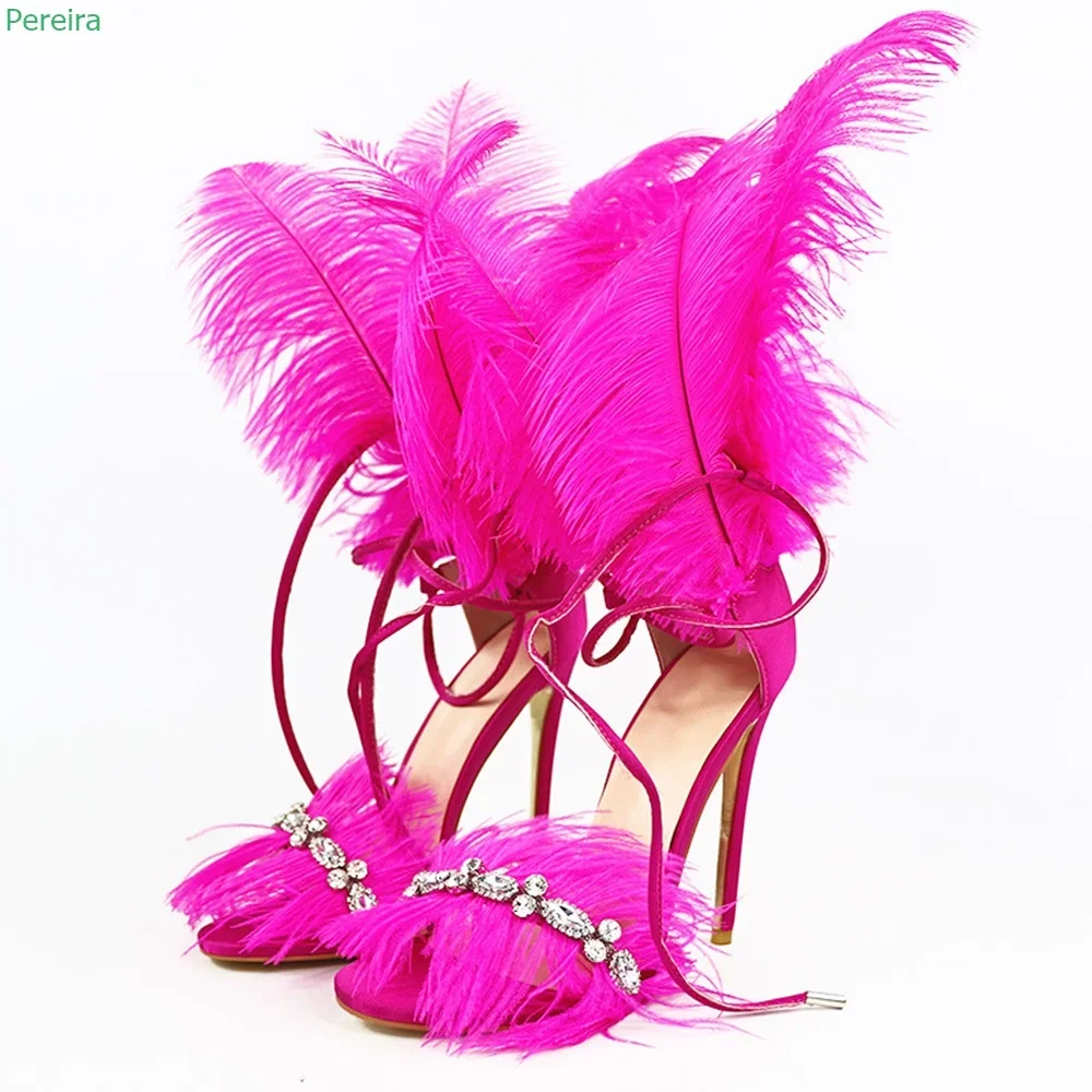 

Rose Red Rhinestone Feather Sandals Summer Women's Lace-up Solid Thin High Heel Round Toe Fashion Sexy Party Nightclub Shoes