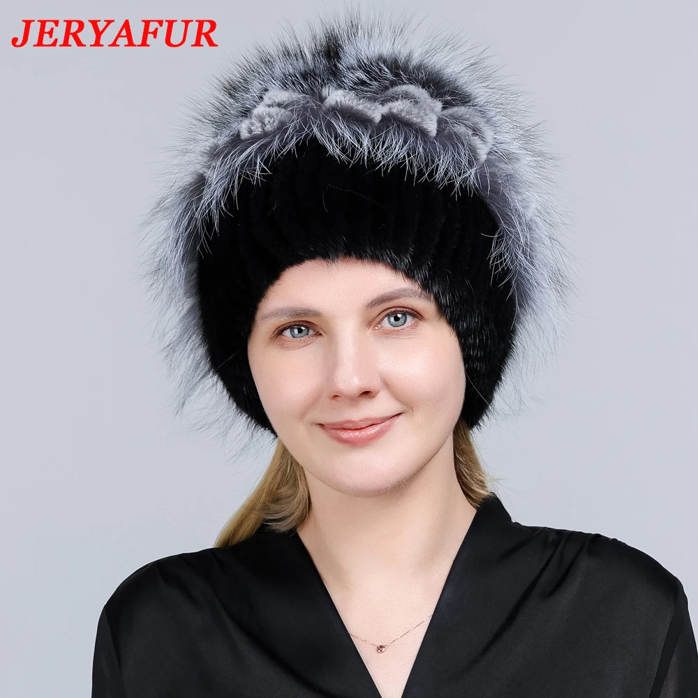 JERYAFUR Women's Natural Mink Fur Hat Fox Pompom Rabbit Flowers Stylish Warm Fashion Girls Real Fur Winter Hat Knitted