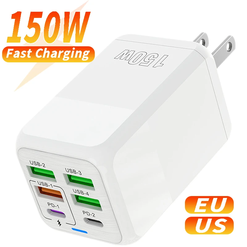 Cargador de teléfono USB de 150W, 6 puertos PD tipo C, cargador de pared de carga rápida para iPhone 16, Samsung, Xiaomi, enchufe UE/Reino Unido, adaptador de corriente para teléfono