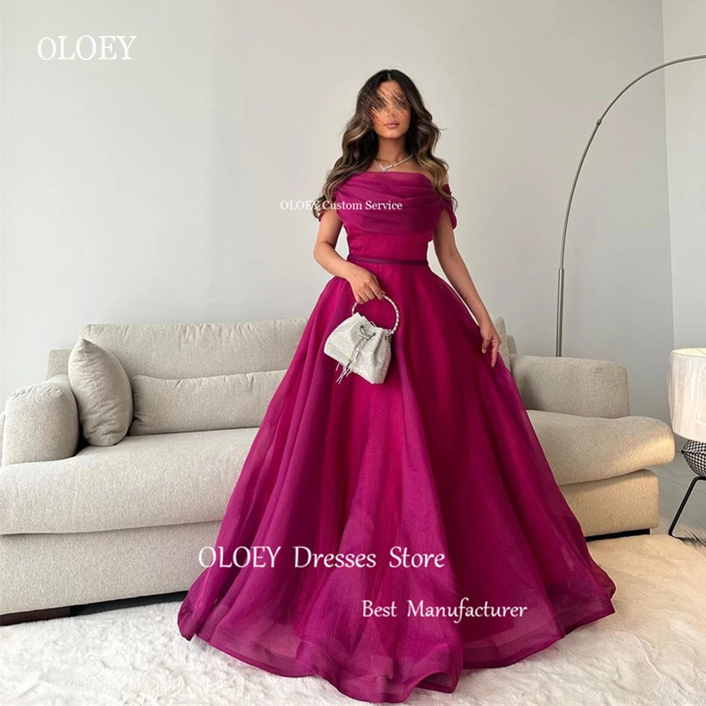 

OLOEY 2023 Saudi Arabic Women Fuschia Organza Silk Evening Dresses Off the Shoulder Sleeves Long Prom Gowns Formal Party Dress