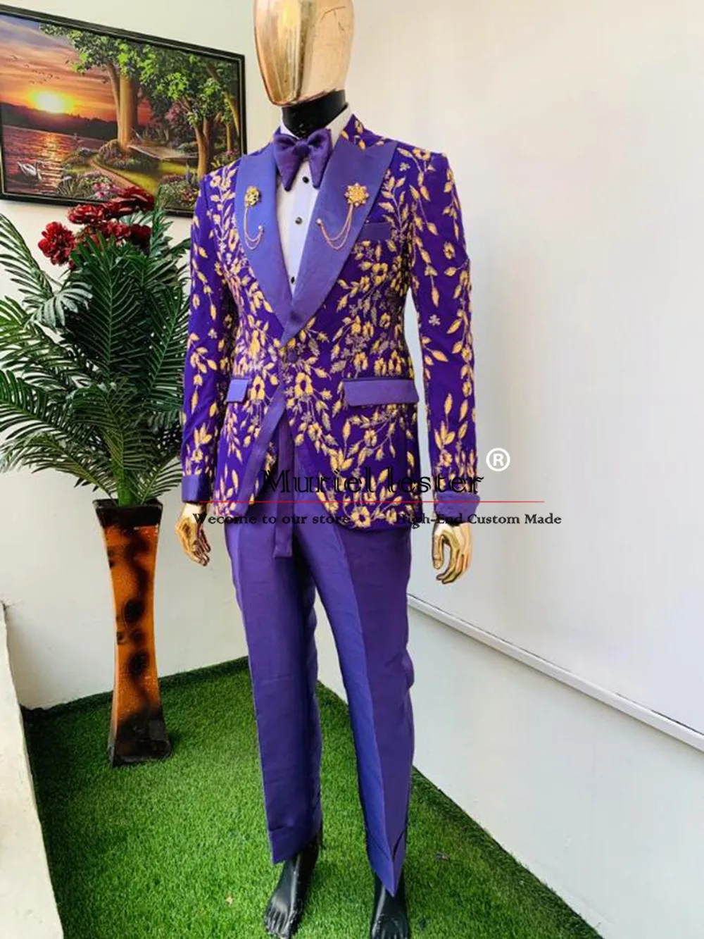 Luxurious Purple Groom Wedding Tuxedo Peaked Lapel Handmade Gold Flowers Jackets Pants 2 Pieces Men's Suits Fit Slim Prom Blazer