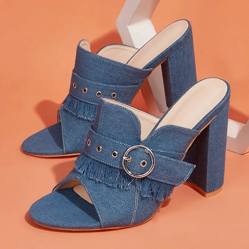 Sexy Round Buckle with Tassel Chunky Heel Blue Denim Slipper for Women Peep Toe Jeans Cloth Slingbacks Slide Sandals Shoes Mujer