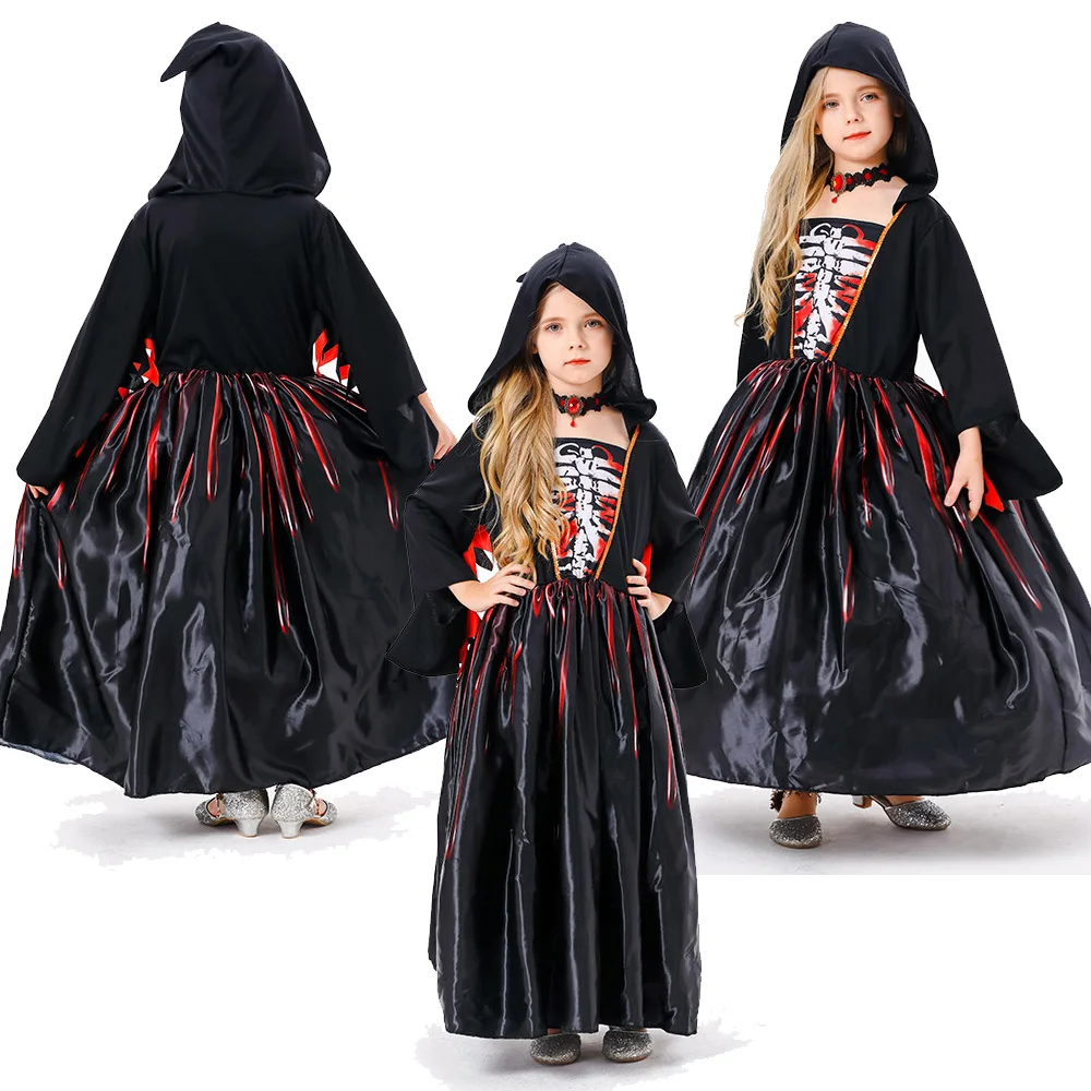 Kids Children Medival Witch Cosplay Dress Necklace Stage Performance Girls Retro Costume Outfits Halloween Carnival Party Suit